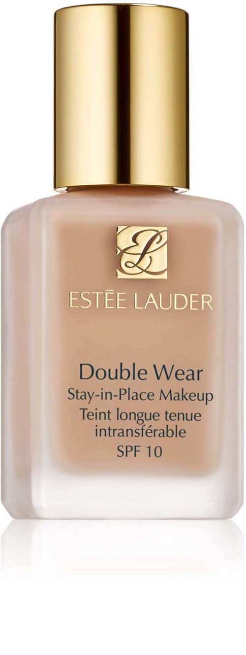 Een beige fles met een gouden deksel, gelabeld 'Estée Lauder Double Wear' foundation, SPF 10.