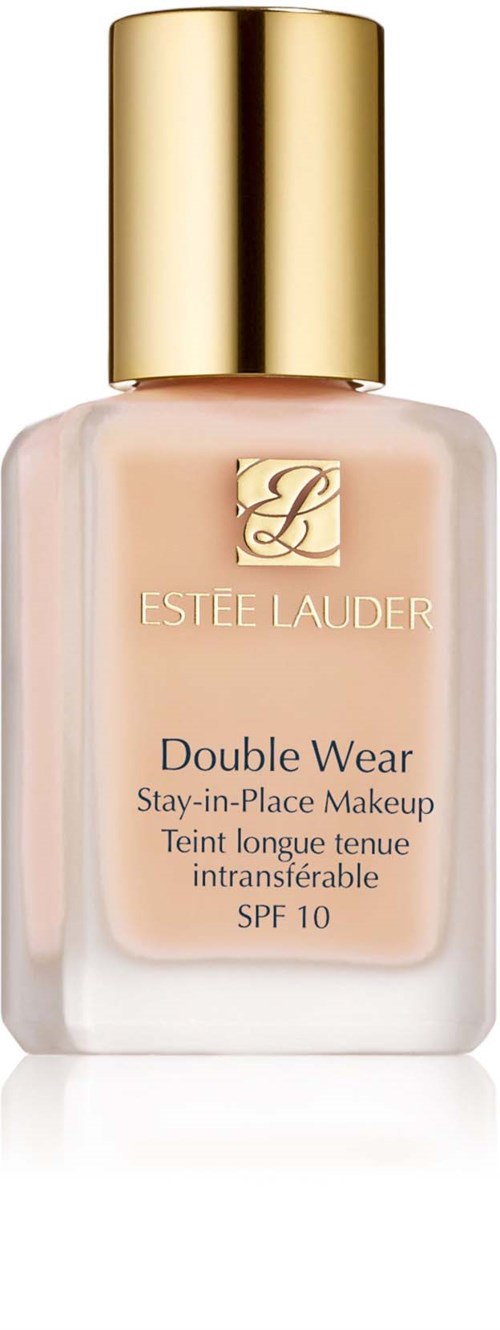 Een fles Estée Lauder Double Wear foundation met een gouden dop en lichtgekleurde vloeistof.
