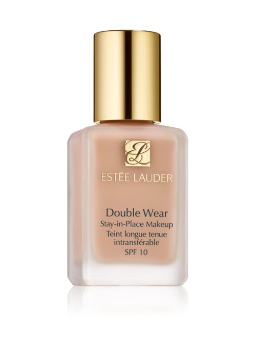 En flaska från Estée Lauder Double Wear Stay-in-Place Makeup med SPF 10, beige flytande foundation, guldig topp.
