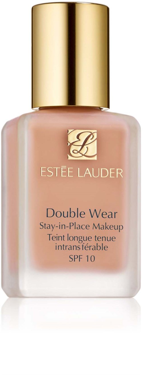 En flaska med Estée Lauder Double Wear foundation med guldlock, ljusbeige färg och SPF 10.