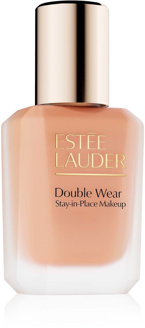 Eine beige Foundationsflasche mit Silberkappe, beschriftet Estee Lauder Double Wear Stay-in-Place Makeup.