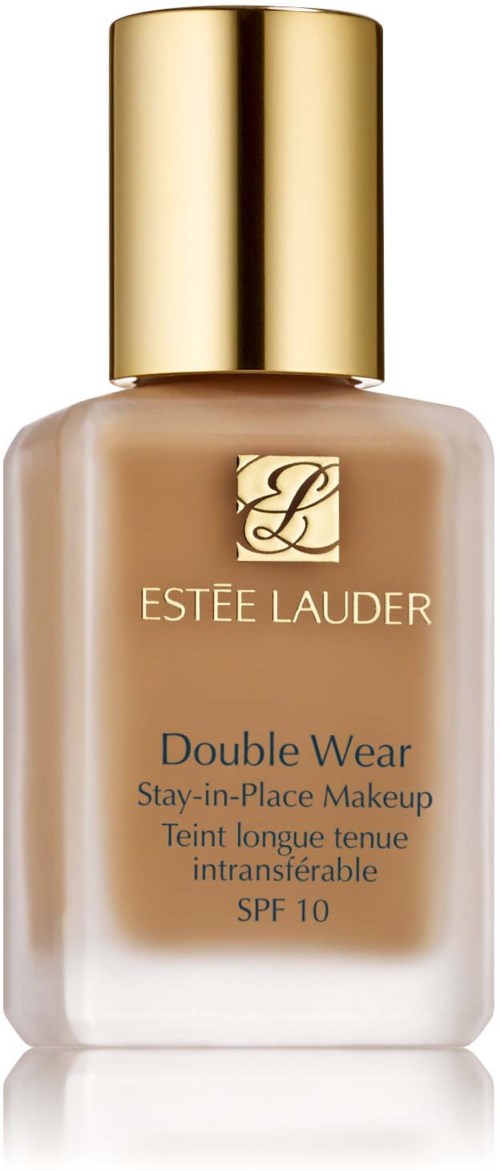 En beige flytande foundationflaska med guldkapsel och guldkapsel, märkt Estée Lauder Double Wear SPF 10.