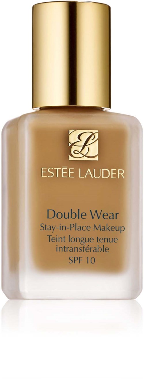 En beige foundationflaska med guldkork och etikett, märkt 'Estée Lauder Double Wear', SPF 10.