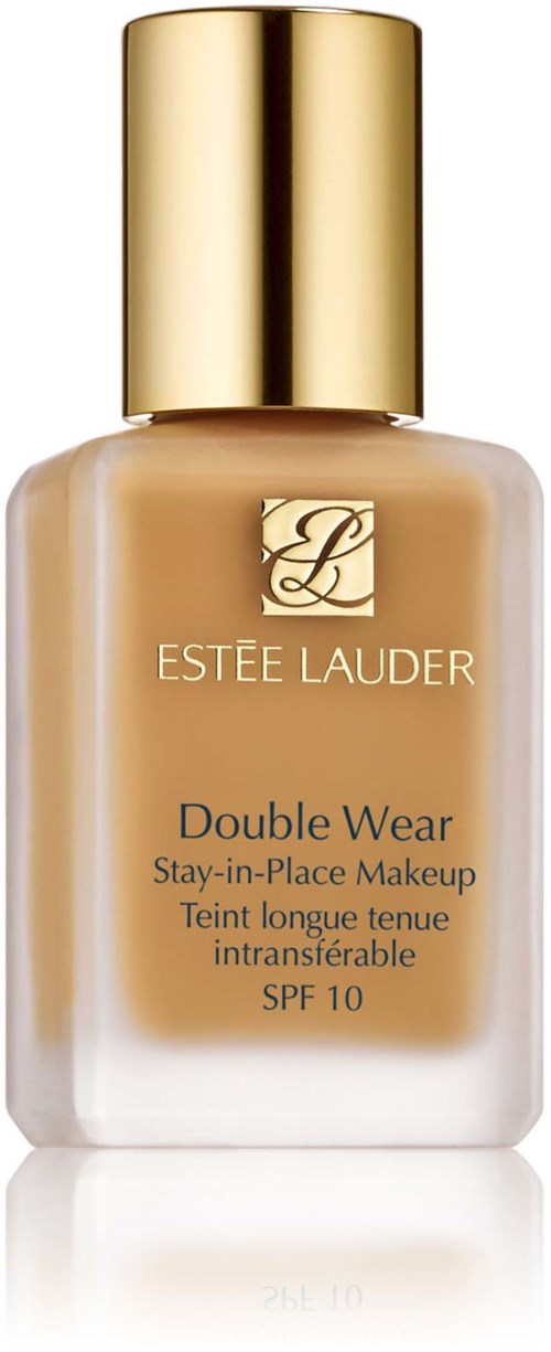 En flaska av Estée Lauder Double Wear-foundation med ett guldlock och beige vätska inuti.