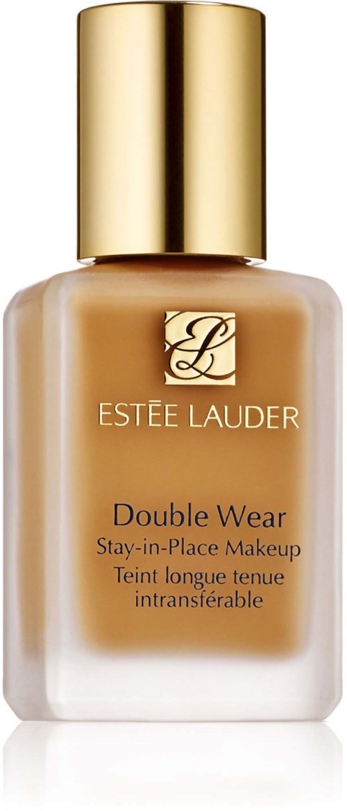En foundationflaska märkt Estee Lauder Double Wear med guldlock och beige vätska inuti.