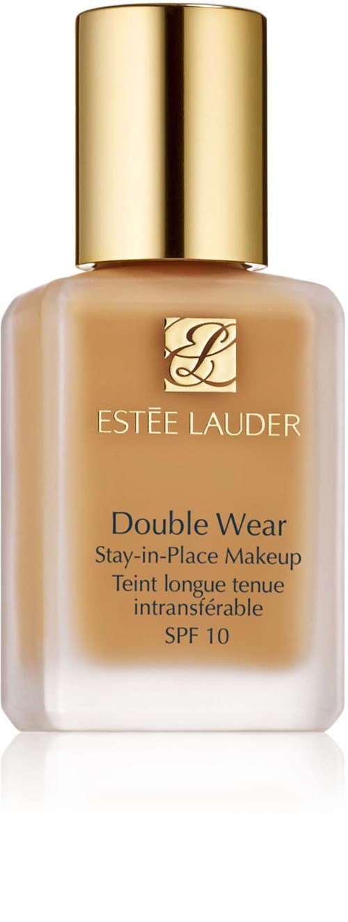 En flaska av Estée Lauders Double Wear foundation med guldlock och beige vätska inuti.