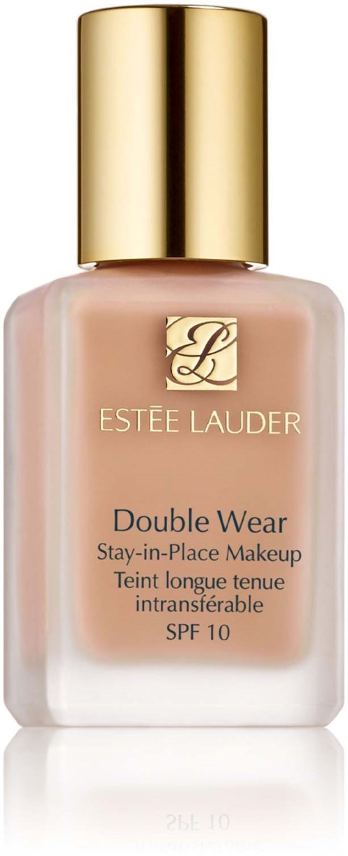 En flaska av Estée Lauder Double Wear foundation med ett guldlock och ljusbeige vätska inuti.