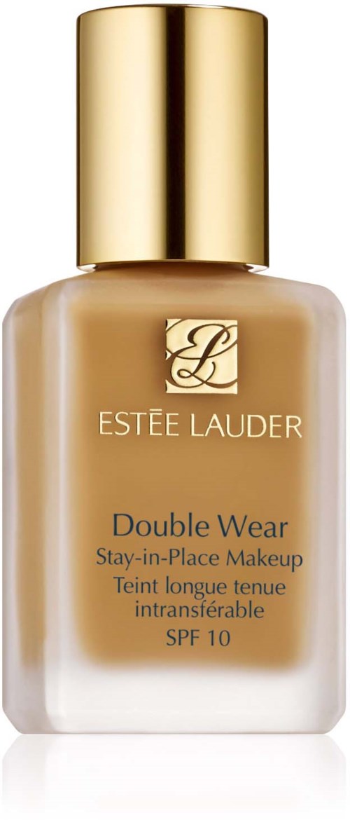 En beige foundationflaska med guldkork och guldlapp, märkt 'Estée Lauder Double Wear.'