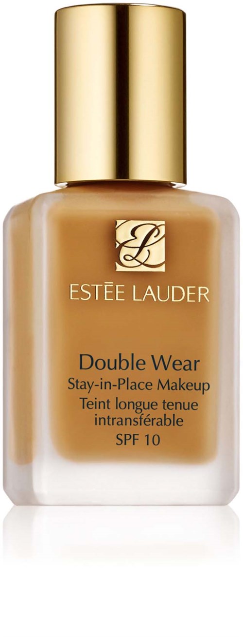 En beige foundationflaska med guldkapsel, märkt Estée Lauder Double Wear, SPF 10, långvarig makeup.