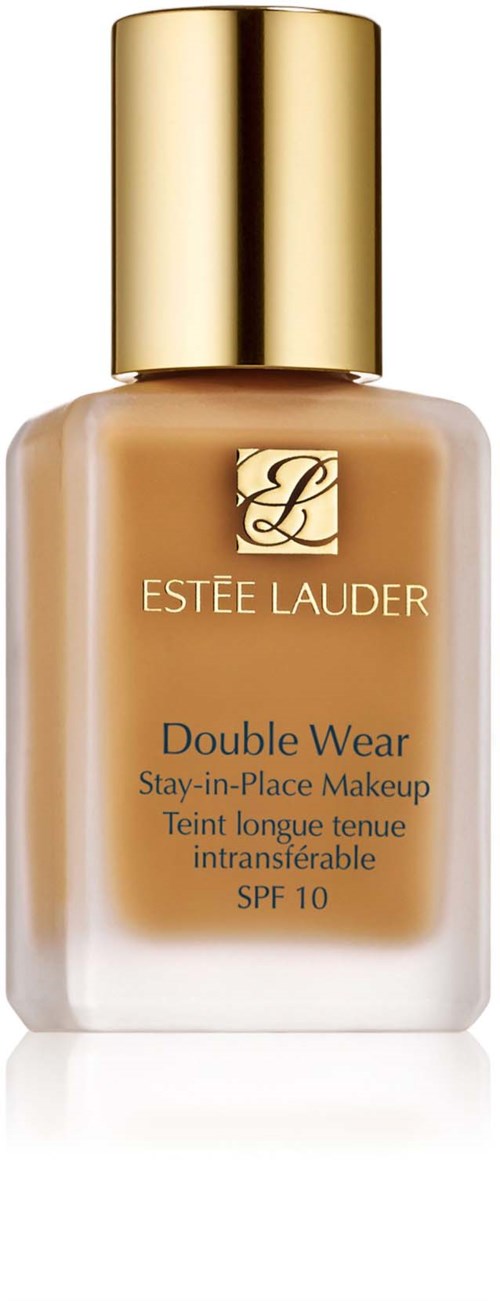 En foundationflaska med guldlock och beige vätska, märkt 'Estée Lauder Double Wear,' SPF 10.