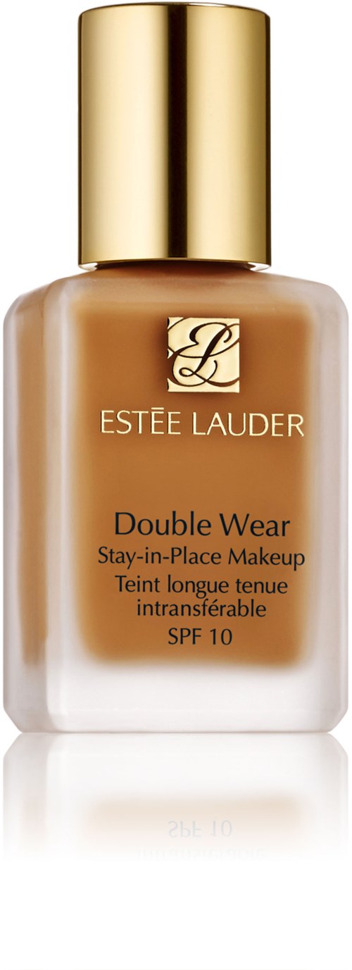En flaska med Estée Lauder Double Wear-foundation med ett guldlock och beigefärgad vätska.