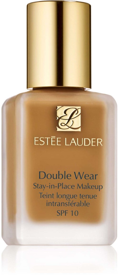 En beige foundationflaska med guldkapsel, märkt Estée Lauder Double Wear SPF 10.