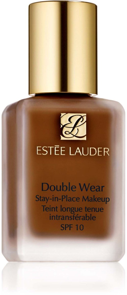 En flaska Estée Lauder Double Wear foundation med gulddoscha och beige flaska. Det står SPF 10.