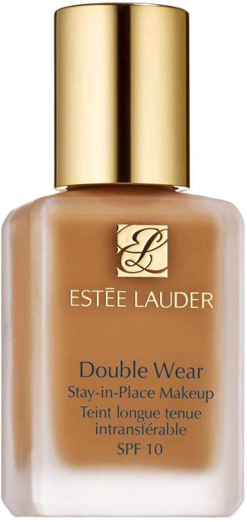 En beige foundationflaska med guldlock och etikett, märkt Estée Lauder Double Wear, SPF 10.