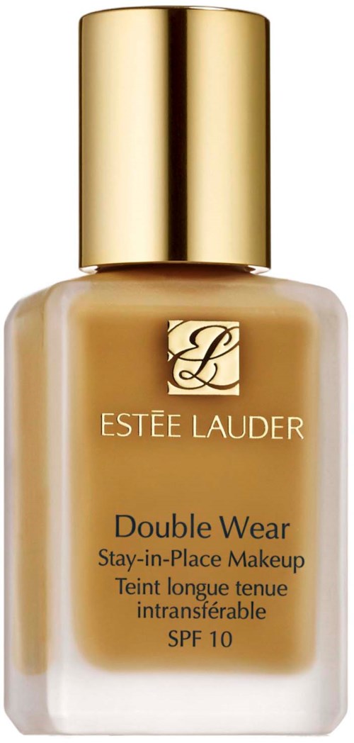 En flaska av Estée Lauder Double Wear-foundation med ett guldlock och beige vätska inuti.