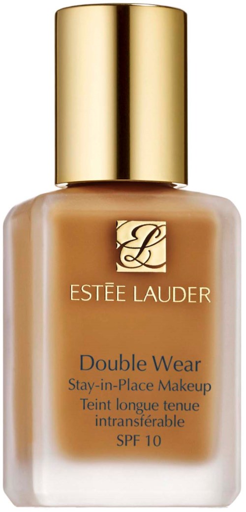En beige foundationflaska med guldinsats och Estée Lauder-logotyp, märkt Double Wear, SPF 10.