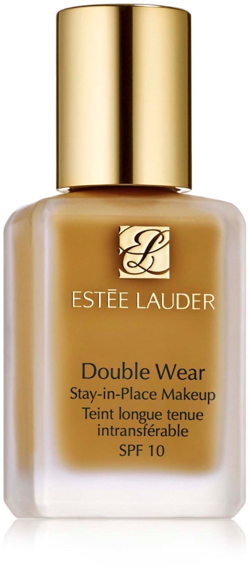 En beige foundationflaska med ett stort guldlock, märkt Estee Lauder, Double Wear, SPF 10, håller länge.