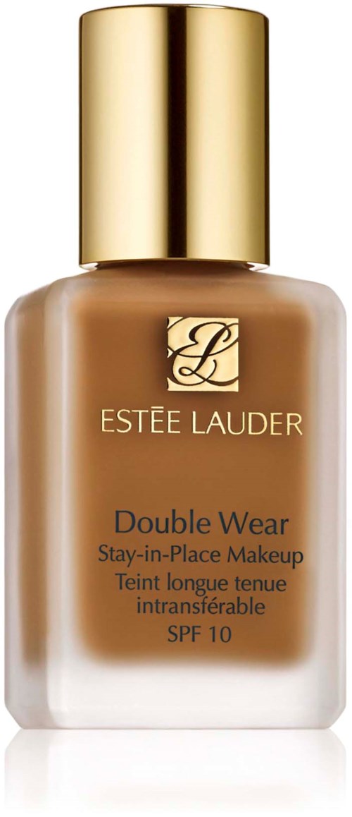 En flaska av Estée Lauder Double Wear foundation med guldlock och beige vätska inuti.