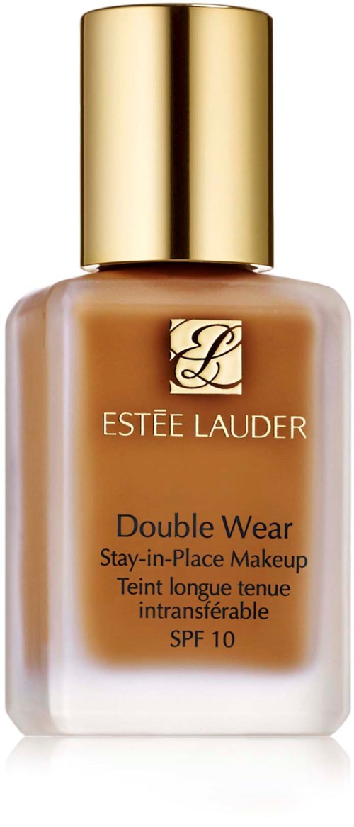 En flaska med Estée Lauder Double Wear foundation med guldlock, visar SPF 10, håller länge.