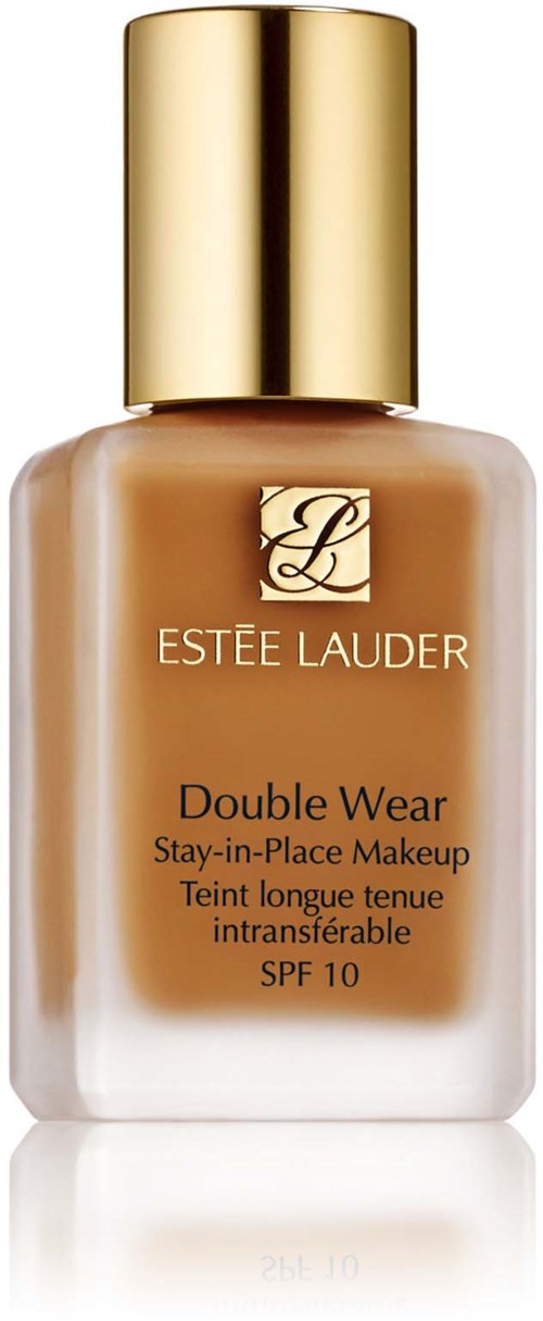 En flaska Estée Lauder Double Wear foundation med ett guldlock och beige vätska inuti.