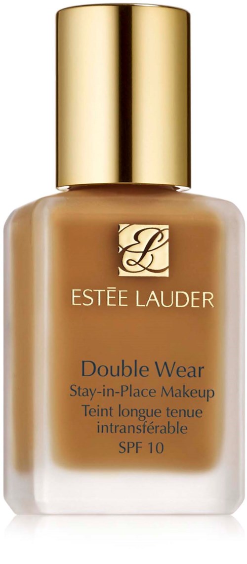 En flaska från Estee Lauder Double Wear foundation med en guldkapsel, beige vätska inuti och märkesetikett.