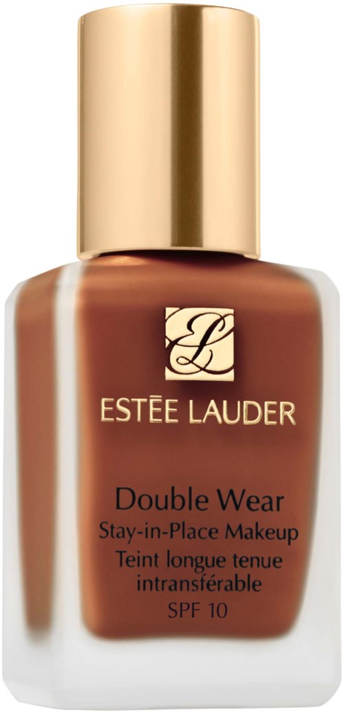 En brun flaska från Estée Lauder Double Wear makeup med lock i guld. Etiketten visar produktnamnet och SPF 10.