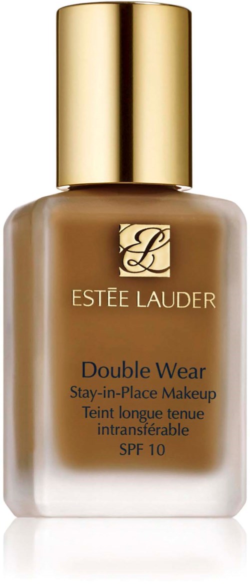 En beige flaska med Estée Lauder Double Wear foundation med guldkork, märkt med produktuppgifter och SPF 10.