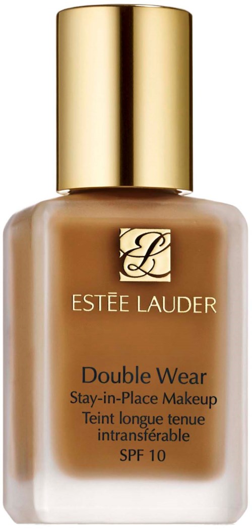 En foundationflaska med guldlock, märkt Estée Lauder Double Wear, har SPF 10 och långvarig makeup.
