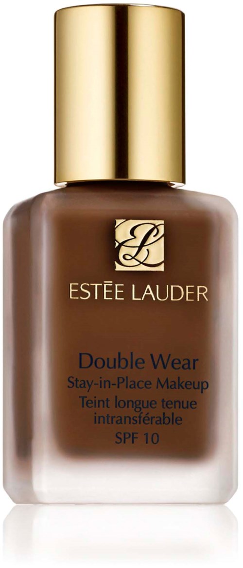 En brun flaska med guldkapsel för Estée Lauder Double Wear makeup, märkt med produktdetaljer och SPF 10.