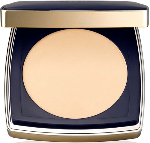 Ein Kompakt mit beige Make-up-Puder, schwarzer und goldener Schachtel. Es ist ein Kosmetikprodukt.