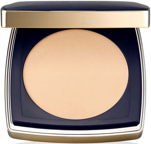 Ein Make-up-Puder mit goldener und schwarzer Hülle und beigem Puder.