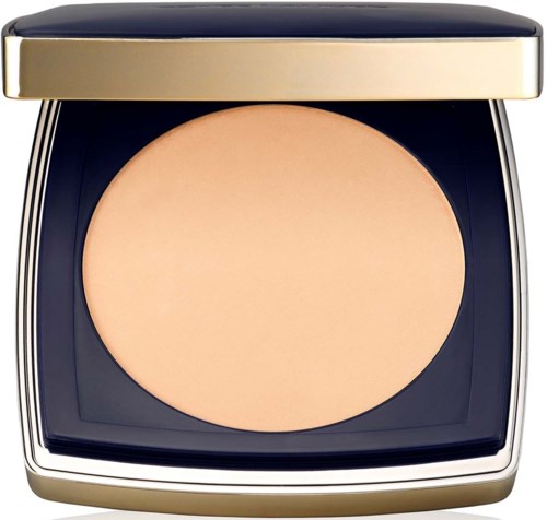 Ein runder Make-up-Puder in einem schwarzen und goldenen Kompakt mit durchsichtigem Deckel.