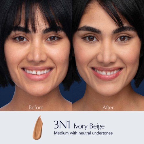 Zwei Frauen lächeln, zeigen Vorher- und Nachher-Make-up mit Elfenbein-Beige-Foundation und neutralen Untertönen.