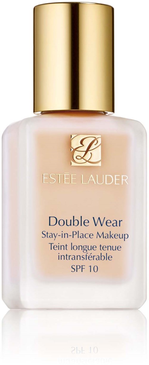 En makeuppuderdosa med guldkapsel, märkt 'Estée Lauder Double Wear,' SPF 10, och en ljus färgad vätska inuti.
