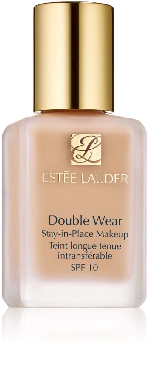 En foundationflaska med en guldkapsel, visar Estée Lauder Double Wear-logotypen och SPF 10.