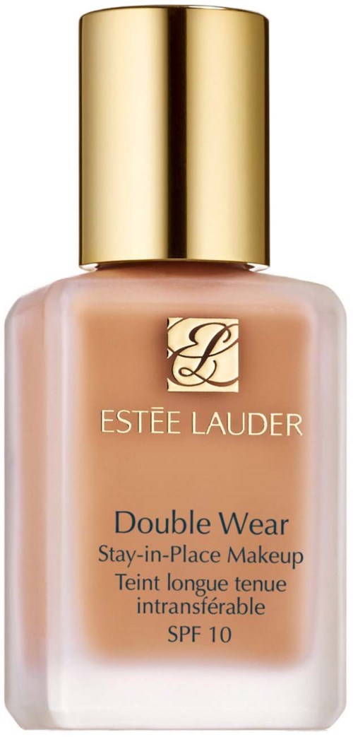 En flaska med Estee Lauder Double Wear foundation med guldkapsel och beige vätska.