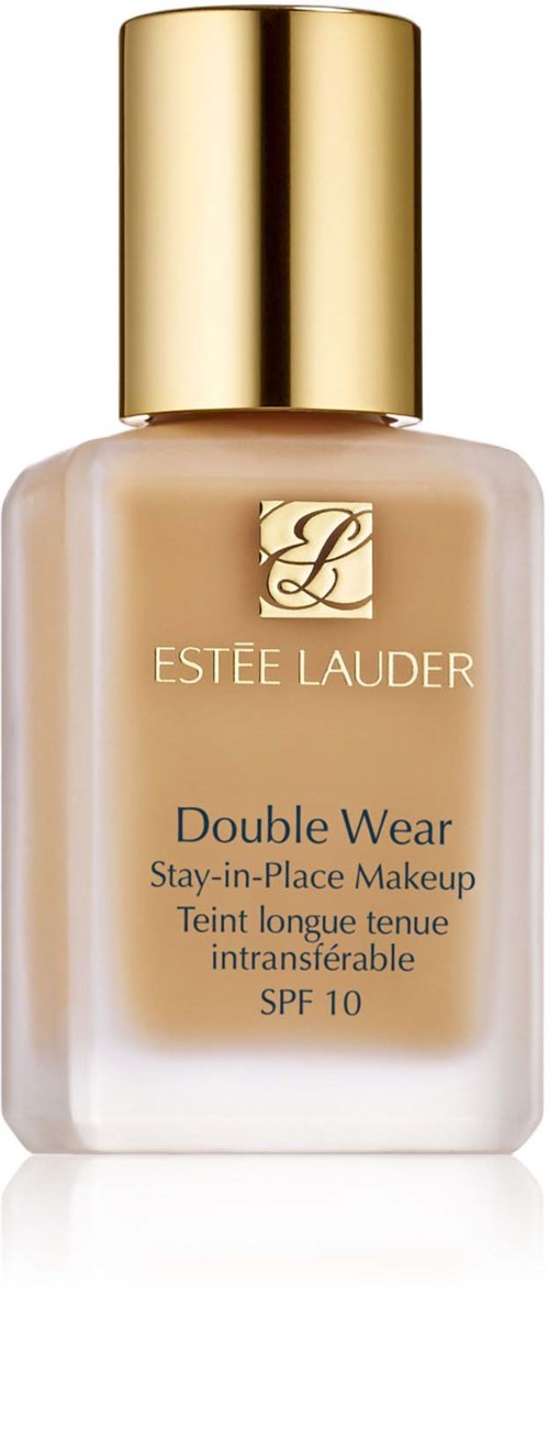 En flaska av Estée Lauder Double Wear foundation med guldlock och beige vätska inuti.