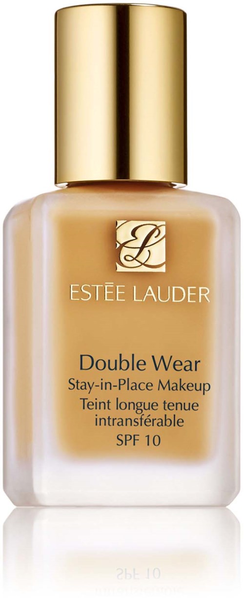 En flaska Estée Lauder Double Wear foundation med guldlock och beige vätska inuti.