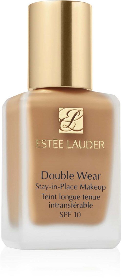En beige foundationflaska med guldlock, märkt Estee Lauder Double Wear.