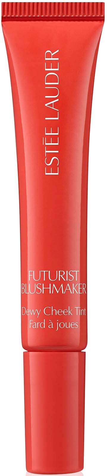 Rode tube met Estée Lauder lipproduct met witte tekst, gelabeld als Futurist Plush Matte Dewy Cheek Tint.