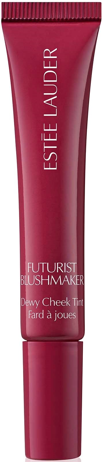 Een roze tube van ESTÉE LAUDER lippenstift, gemerkt 'FUTURIST BLUSH MAKER Dewy Cheek Tint.'