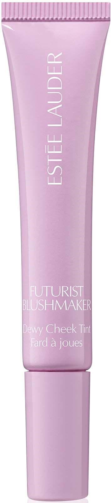 Een roze tube van Estée Lauder make-up primer, met label 'Futurist Flush & Blur.'