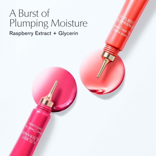 Twee roze tubes huidverzorging naast roze cirkels, promoten frambozenextract en glycerine voor hydratatie.