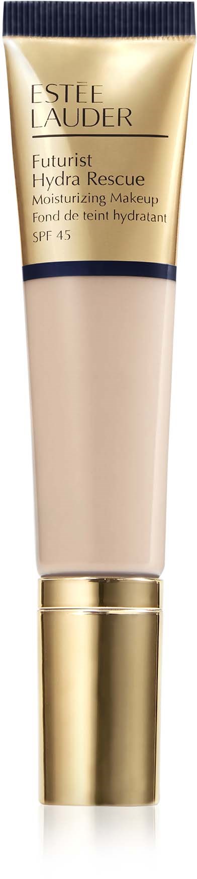 A tube of Estée Lauder Futurist Hydra Rescue moisturizer, SPF 45, in gold and beige packaging.