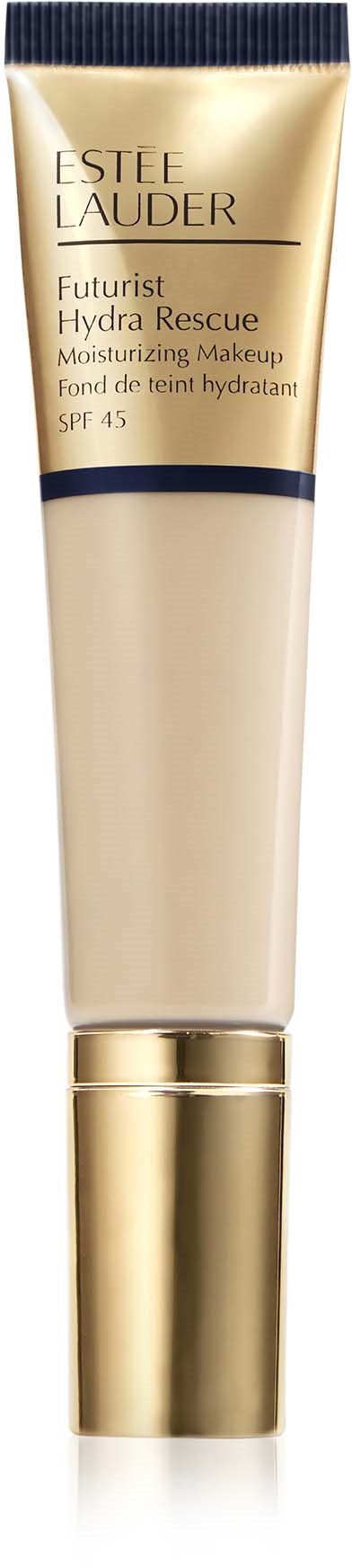 A beige tube with a gold cap, labeled 'Estée Lauder Futurist Hydra Rescue Moisturizing Makeup SPF 45'.