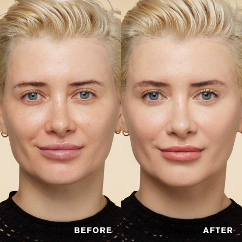 A woman with clear skin before and after makeup, showing improved complexion and lip color.