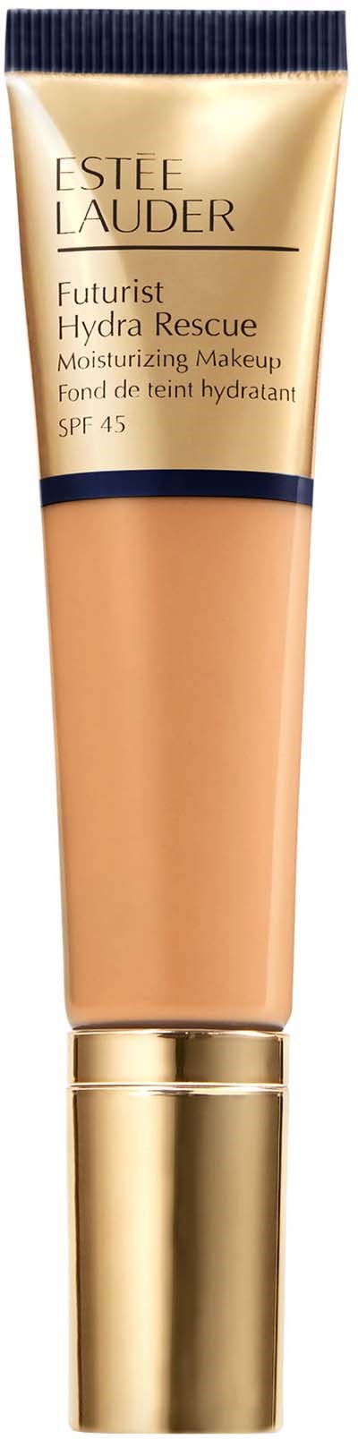 Eine Tube der Estée Lauder Futurist Hydra Rescue Foundation mit SPF 45 vor schwarzem Hintergrund.