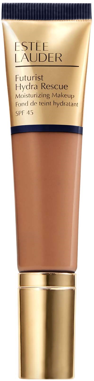 Een tube met fondatie in beige met goud en marineblauw, gelabeld 'Estée Lauder Futurist Hydra Rescue SPF 45.'