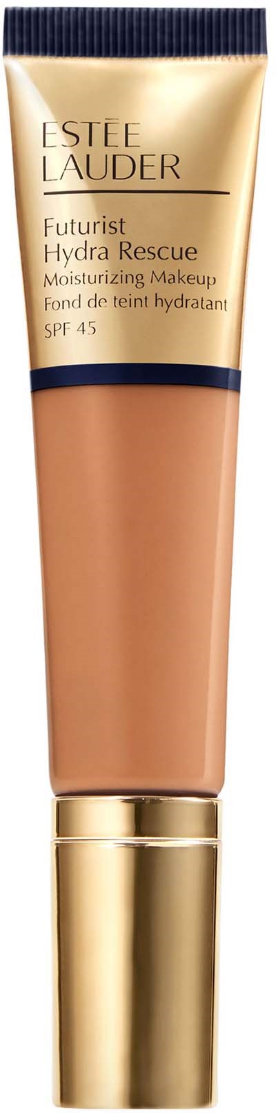 Een beige tube Estée Lauder Hydra Rescue vochtinbrenger met SPF 45 en gouden dop.