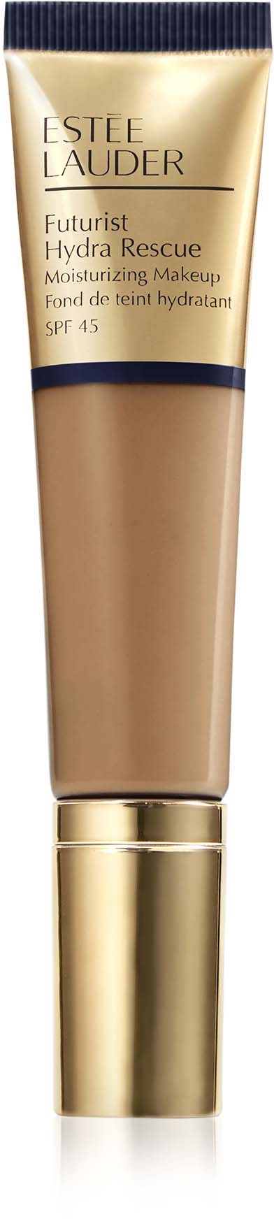 Ein beigefarbene Tube von Estée Lauder mit gold- und schwarzfarbenem Deckel, für Feuchtigkeit und SPF 45.
